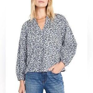 Old Navy Sz M Floral Navy Blue Split V Neck Top Balloon Sleeve Peasant Blouse